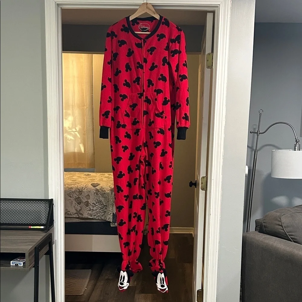 Disney Mickey Mouse Size S Footie One Piece Jumpsuit Fleece Pajamas Black Red